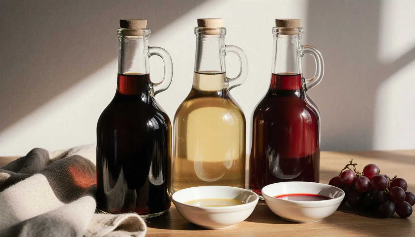 Bottles of dark balsamic, golden rice, and red wine vinegar with small tasting dishes on a kitchen counter