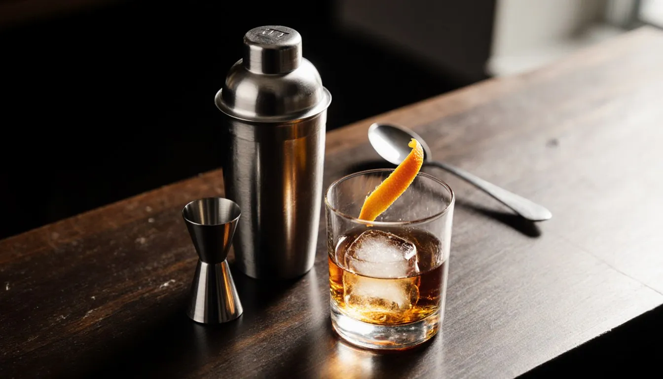 A cocktail shaker, jigger, and whiskey glass with an orange twist arranged on a bar top