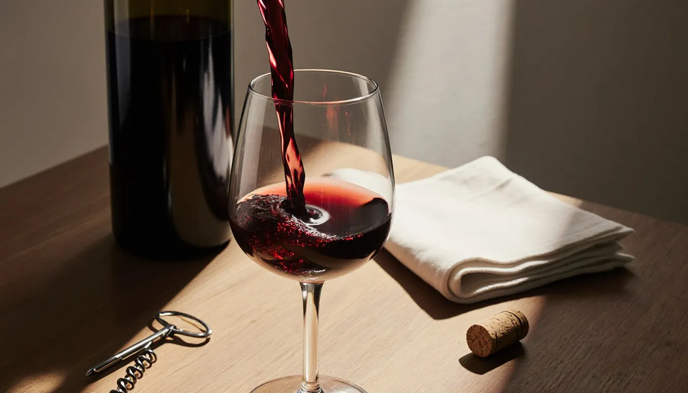 A glass of red wine mid-swirl beside a bottle and corkscrew on a wooden tasting table