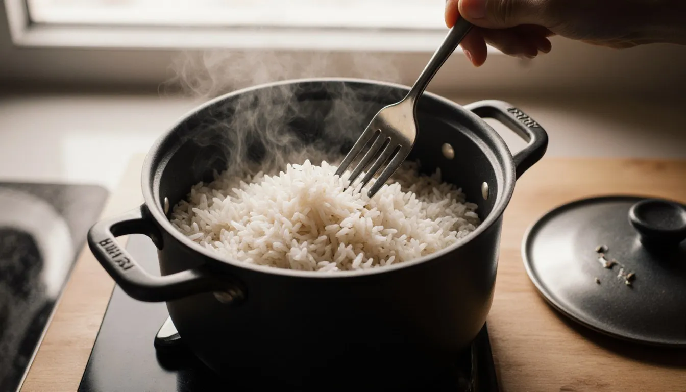 A pot of fluffy basmati rice being fluffed with a fork, steam rising from the long separate grains