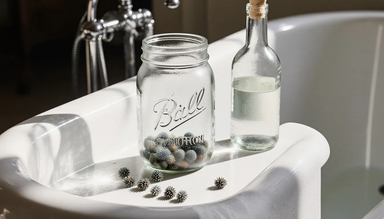 A mason jar of homemade gin infusing with juniper berries on the rim of an old clawfoot bathtub