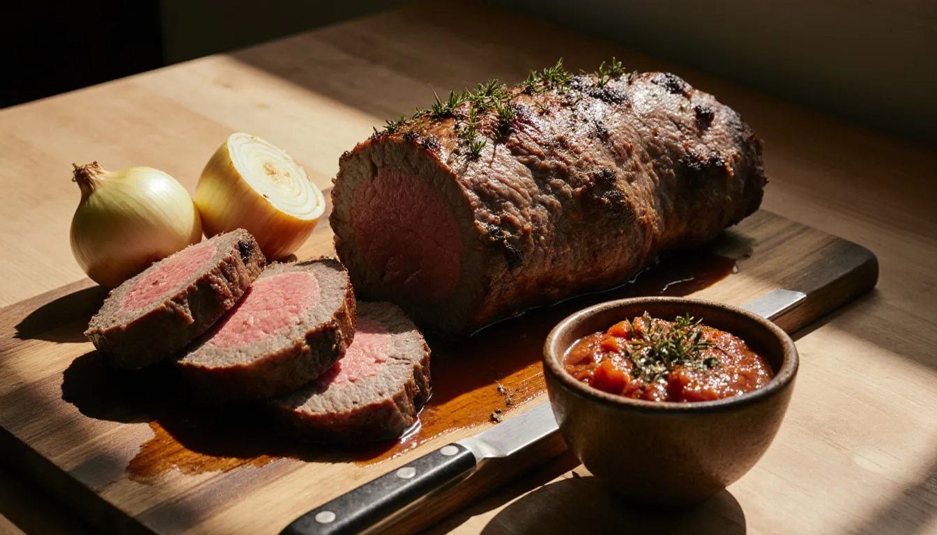Sliced beef bottom round roast on a cutting board with onions and tomato sauce