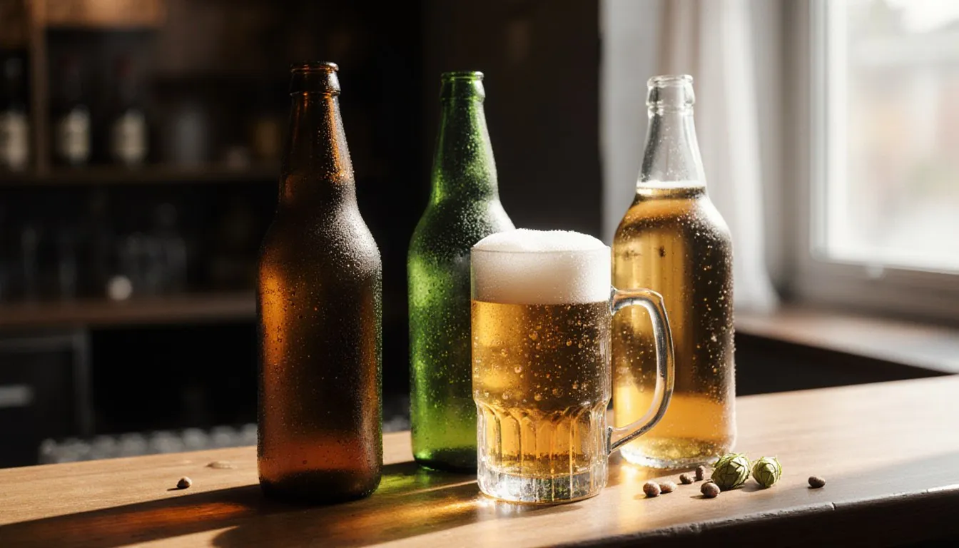 Three unlabeled beer bottles beside a foam-topped glass of beer on a wooden bar counter