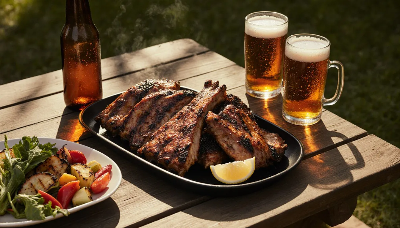 Grilled ribs and chicken on a picnic table beside glasses of amber beer