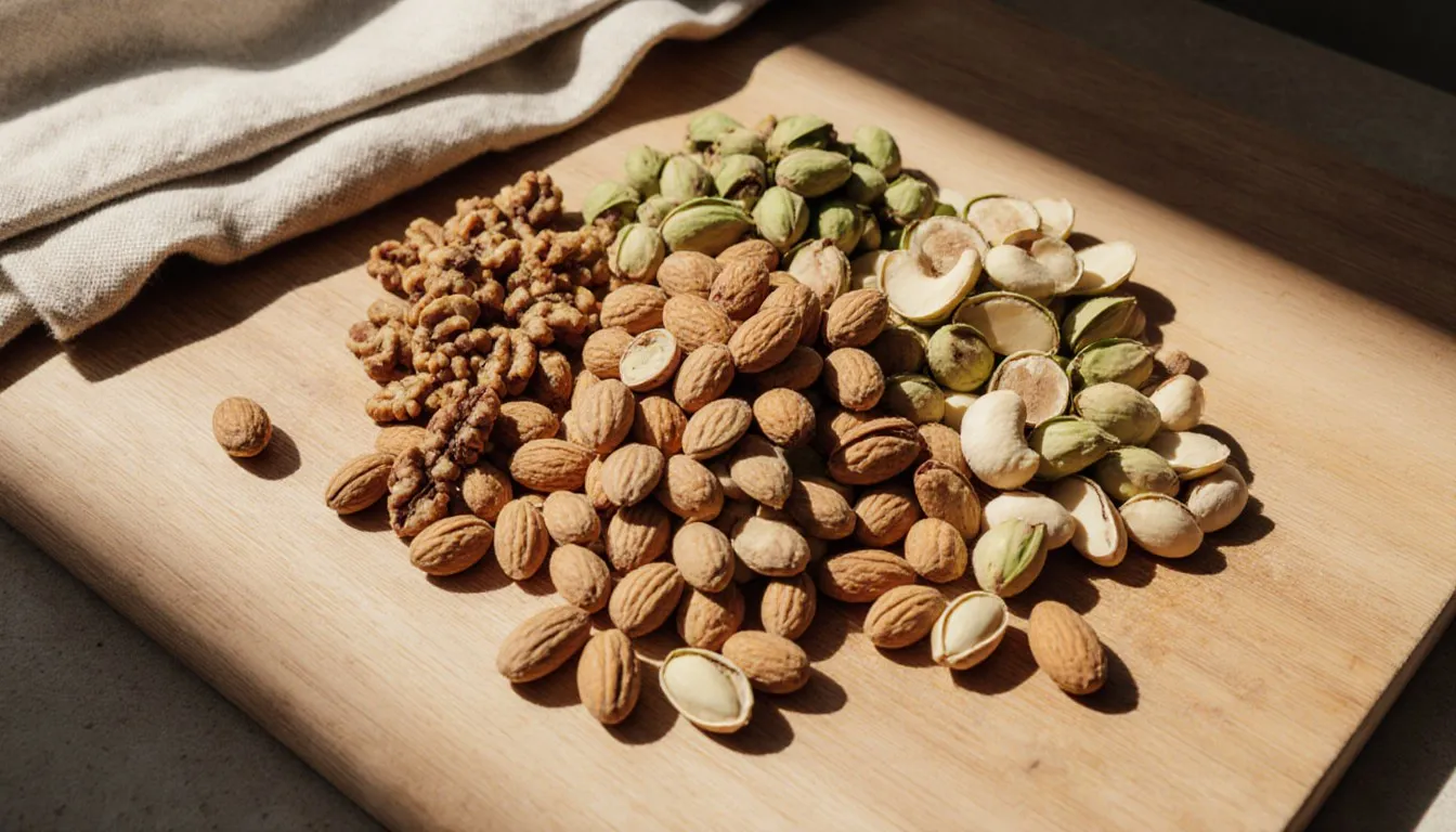 Small piles of pine nuts, almonds, walnuts, pistachios, and cashews arranged on a wooden board