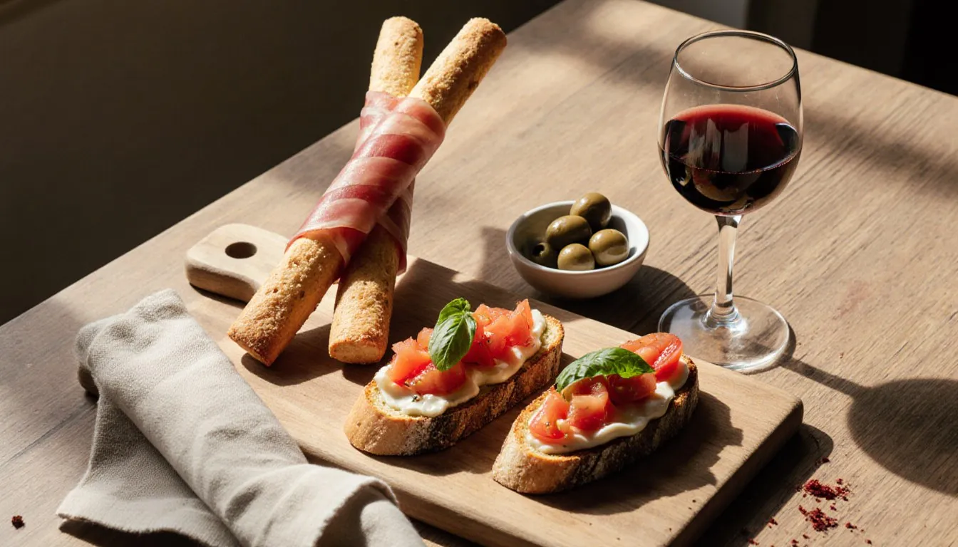 A glass of red wine with prosciutto-wrapped breadsticks, bruschetta, and cured olives on a wooden table