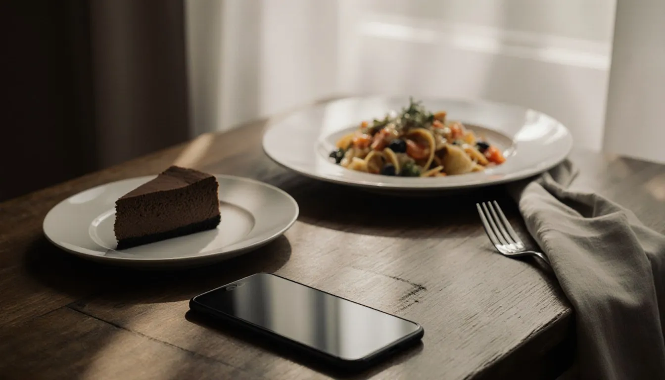 A phone rests beside a plated dish on a wooden table, evoking searching for restaurants and recipes with foodie apps