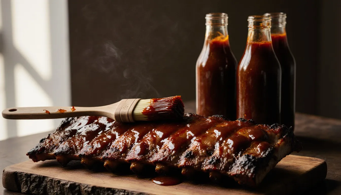 Grilled ribs glazed with barbecue sauce, basting brush and bottles of sauce nearby
