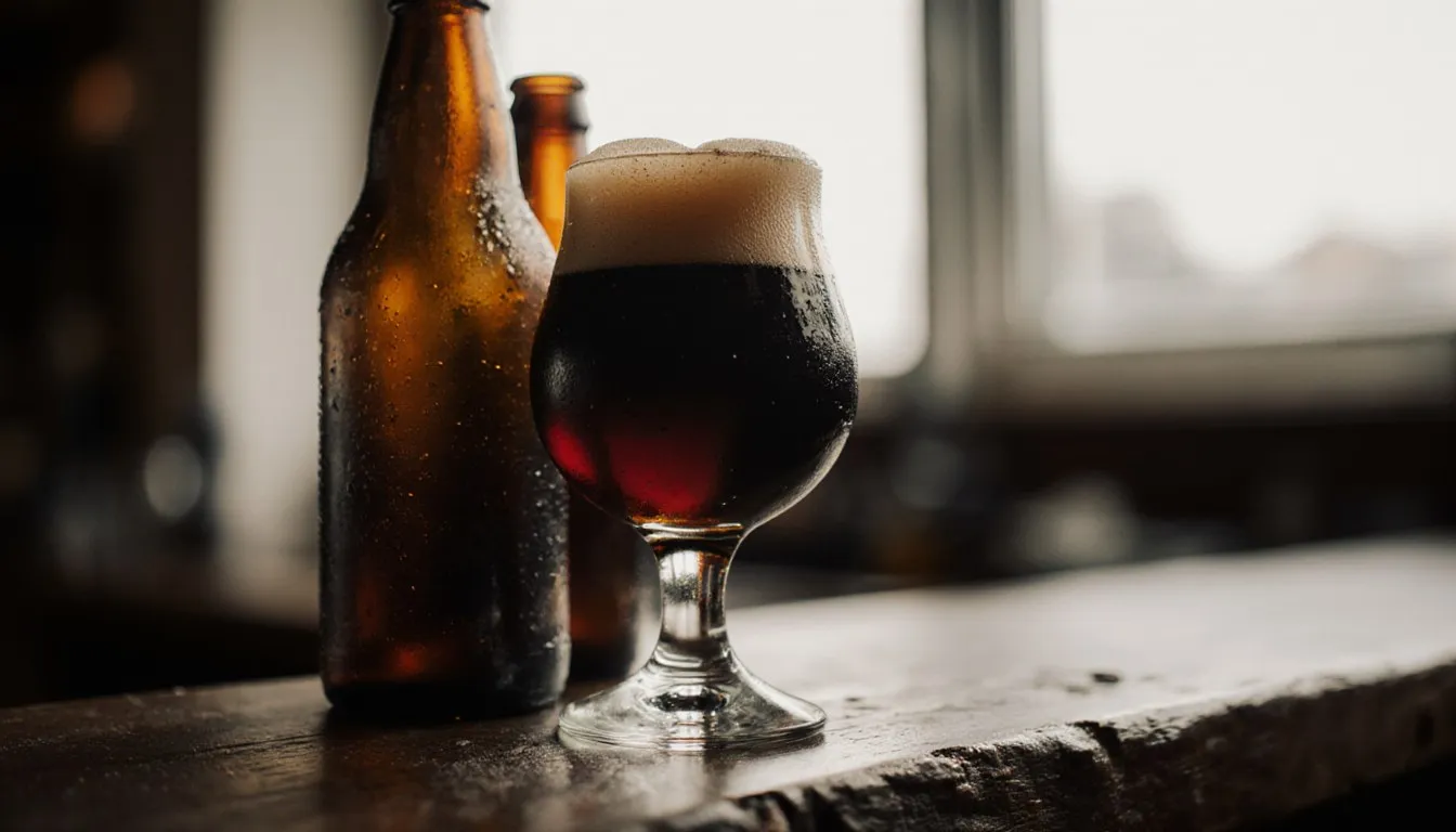 A richly poured dark craft beer with a thick foam head beside two unlabeled bottles on a wooden bar