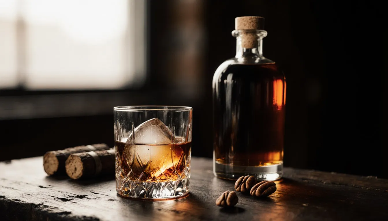 A glass of amber bourbon with ice beside an unlabeled bottle and charred oak barrel staves on a wooden bar