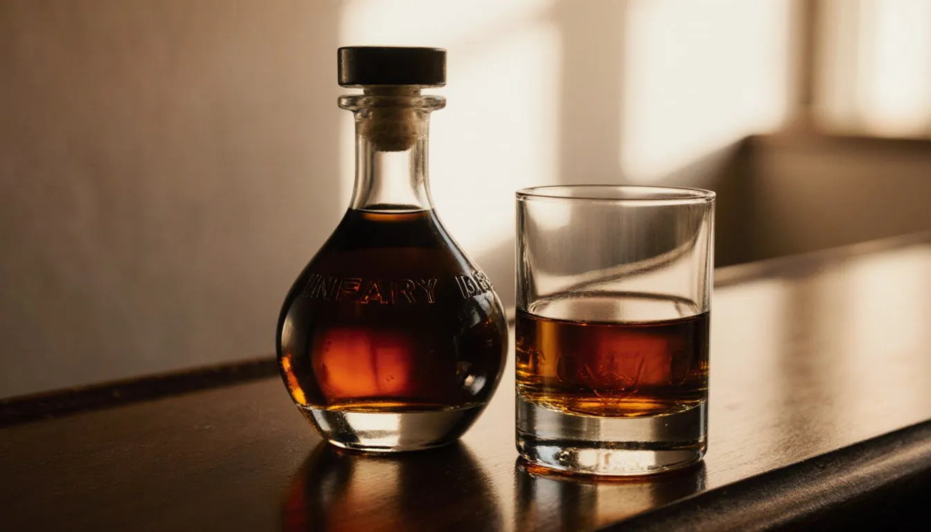 Amber brandy in a snifter beside two unmarked bottles on a dark wood bar