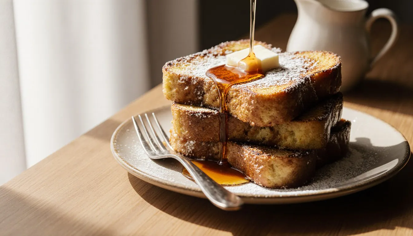 A stack of golden French toast slices topped with powdered sugar and dripping maple syrup