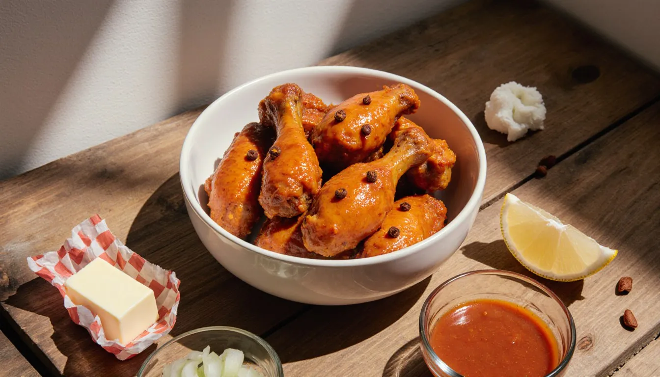 A bowl of glossy buffalo wings surrounded by hot sauce, butter, onions, and lemon on a wooden counter