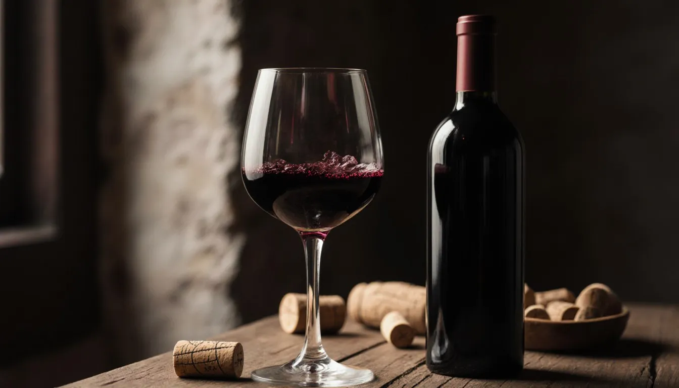 A glass of deep red Cabernet Sauvignon beside an unlabeled bottle on a wooden table