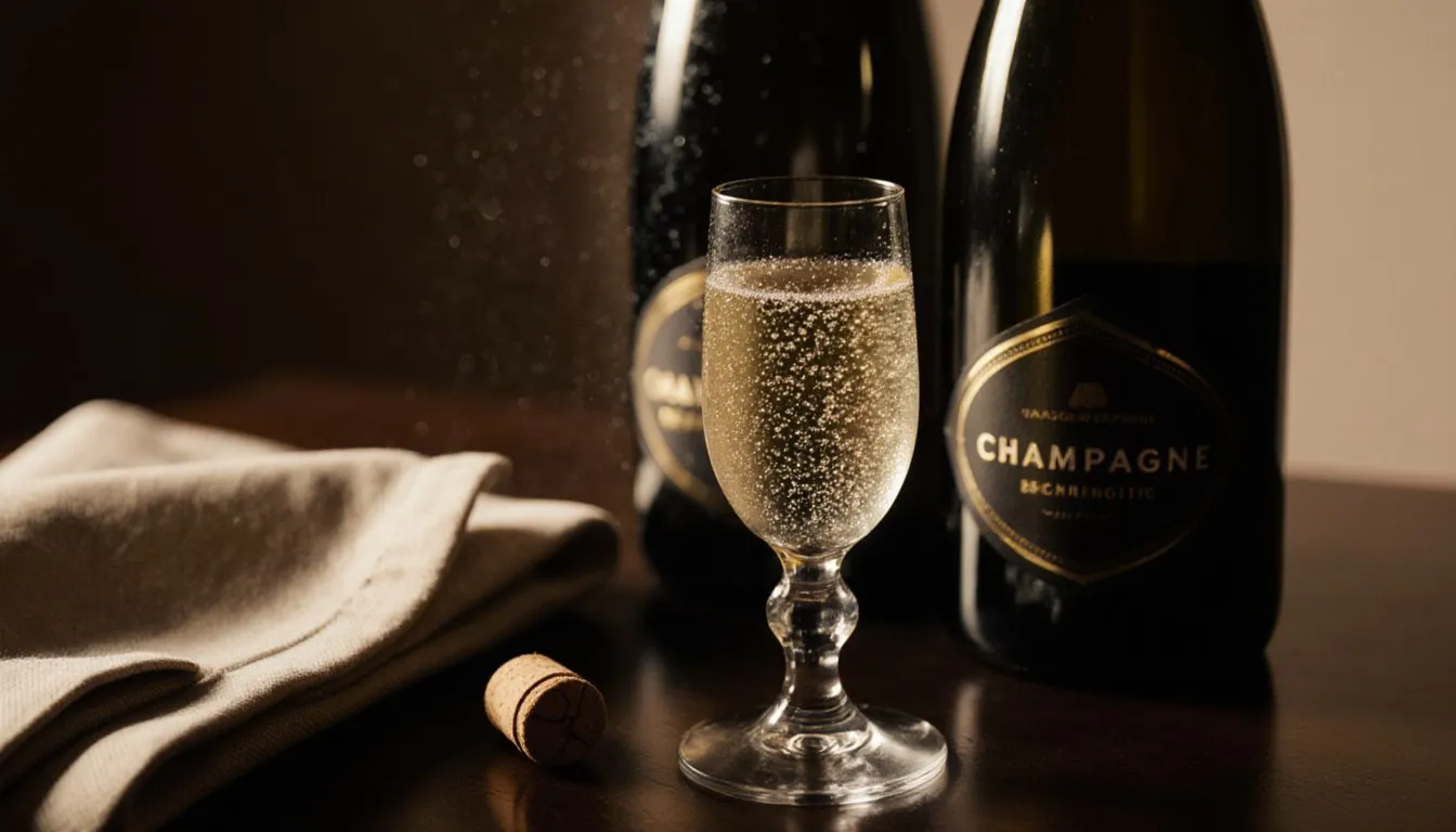 Champagne bottles and a bubbling coupe glass arranged on a dark table, evoking a curated cellar selection