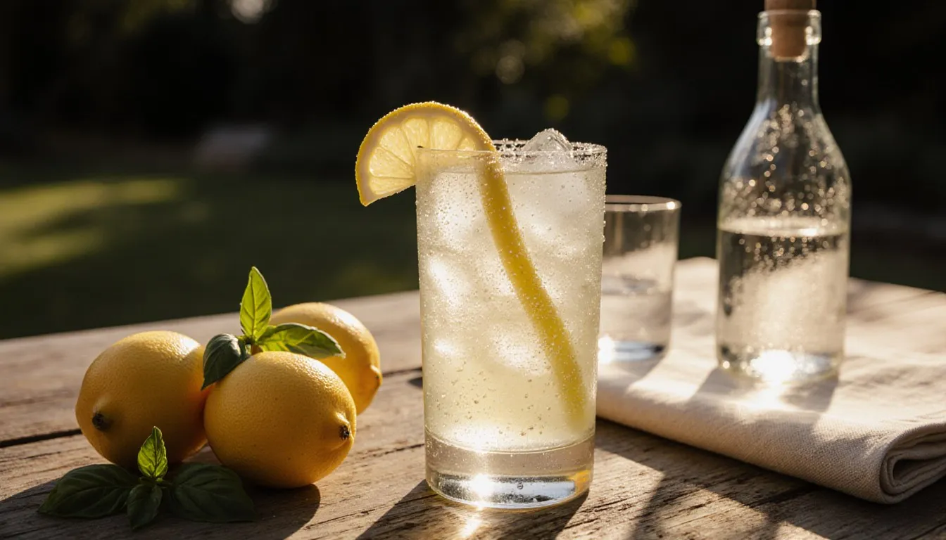 A tall limoncello cocktail with lemon peel garnish and ice, set on an outdoor table with fresh lemons