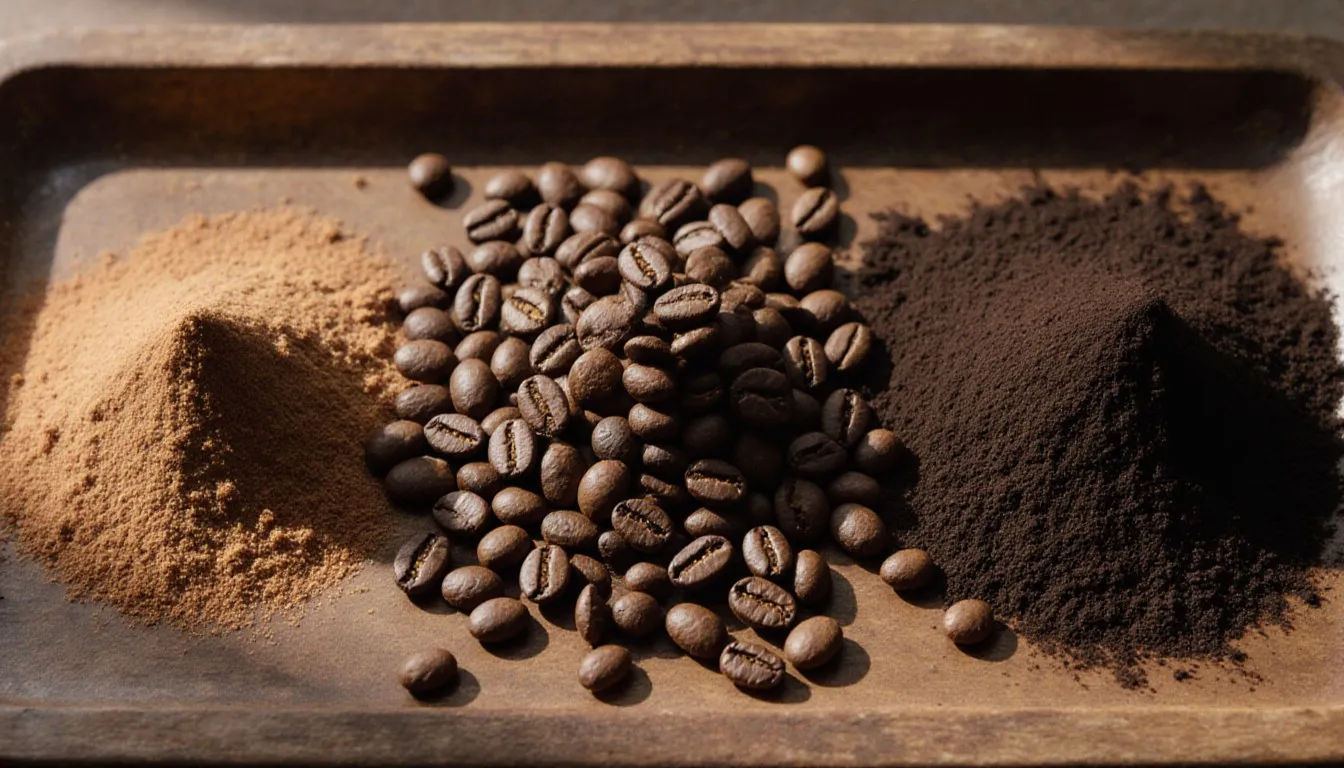 Light, medium, and dark roast coffee beans arranged in mounds showing their color differences