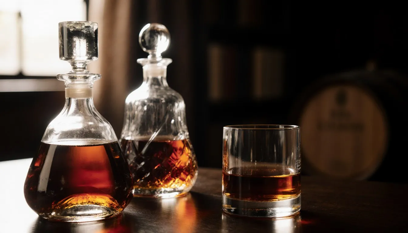 Unlabeled cognac decanters and a snifter of amber cognac on a dark wood table