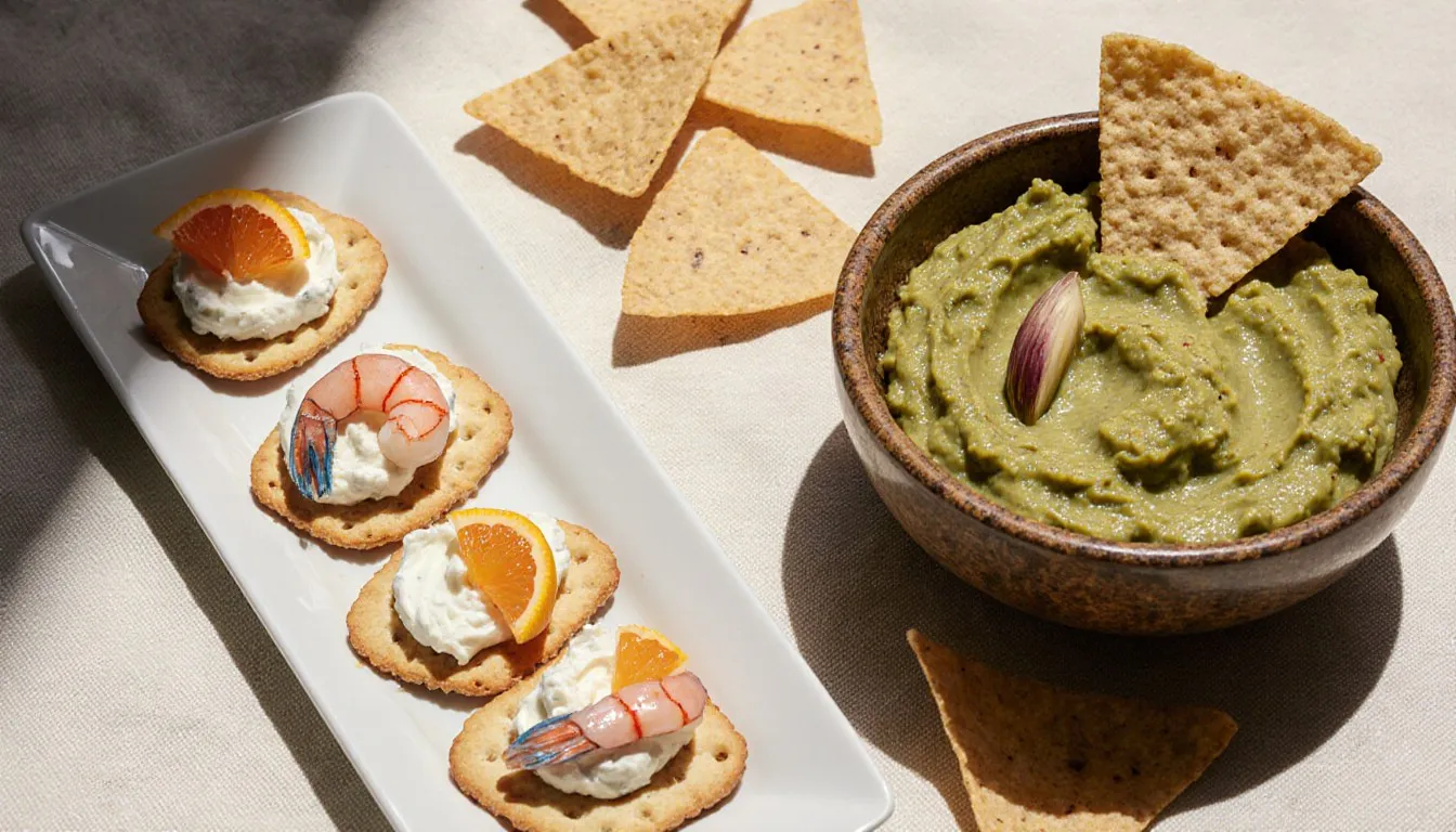Blue cheese crackers topped with shrimp and tangerine beside a bowl of guacamole with nacho chips