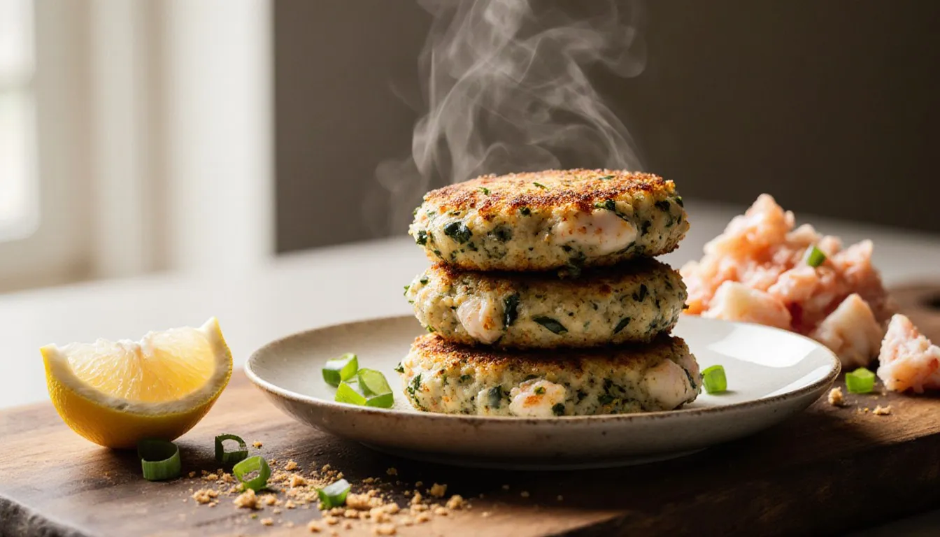 Golden pan-seared crab cakes on a wooden board with fresh crab meat, green onions, and a lemon half