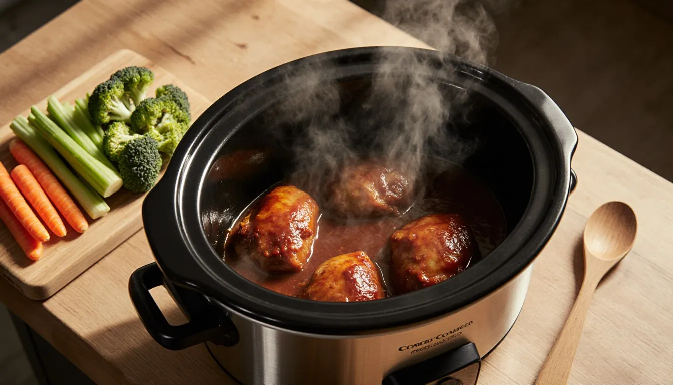 A slow cooker filled with barbecue-glazed chicken beside a board of chopped vegetables