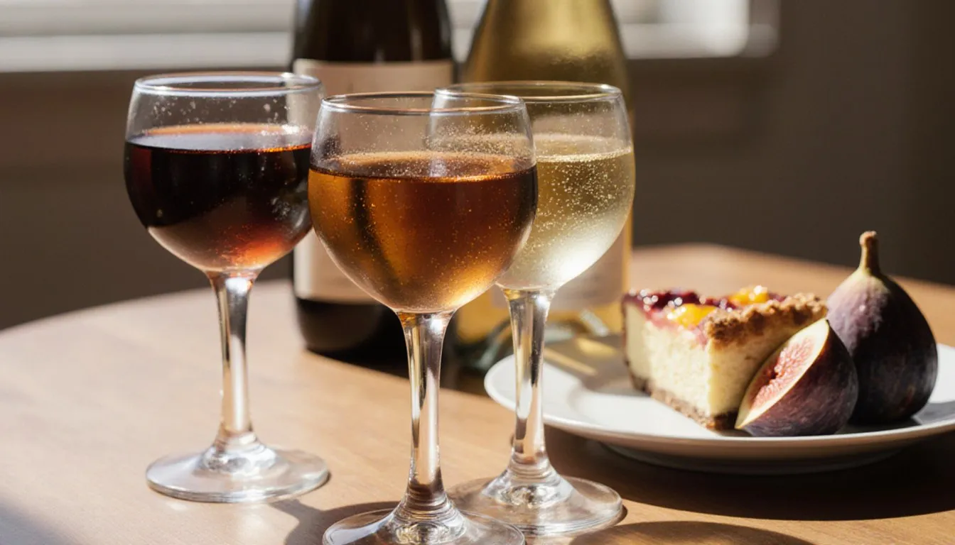 Glasses of amber, tawny, and golden dessert wine arranged on a table beside a simple dessert