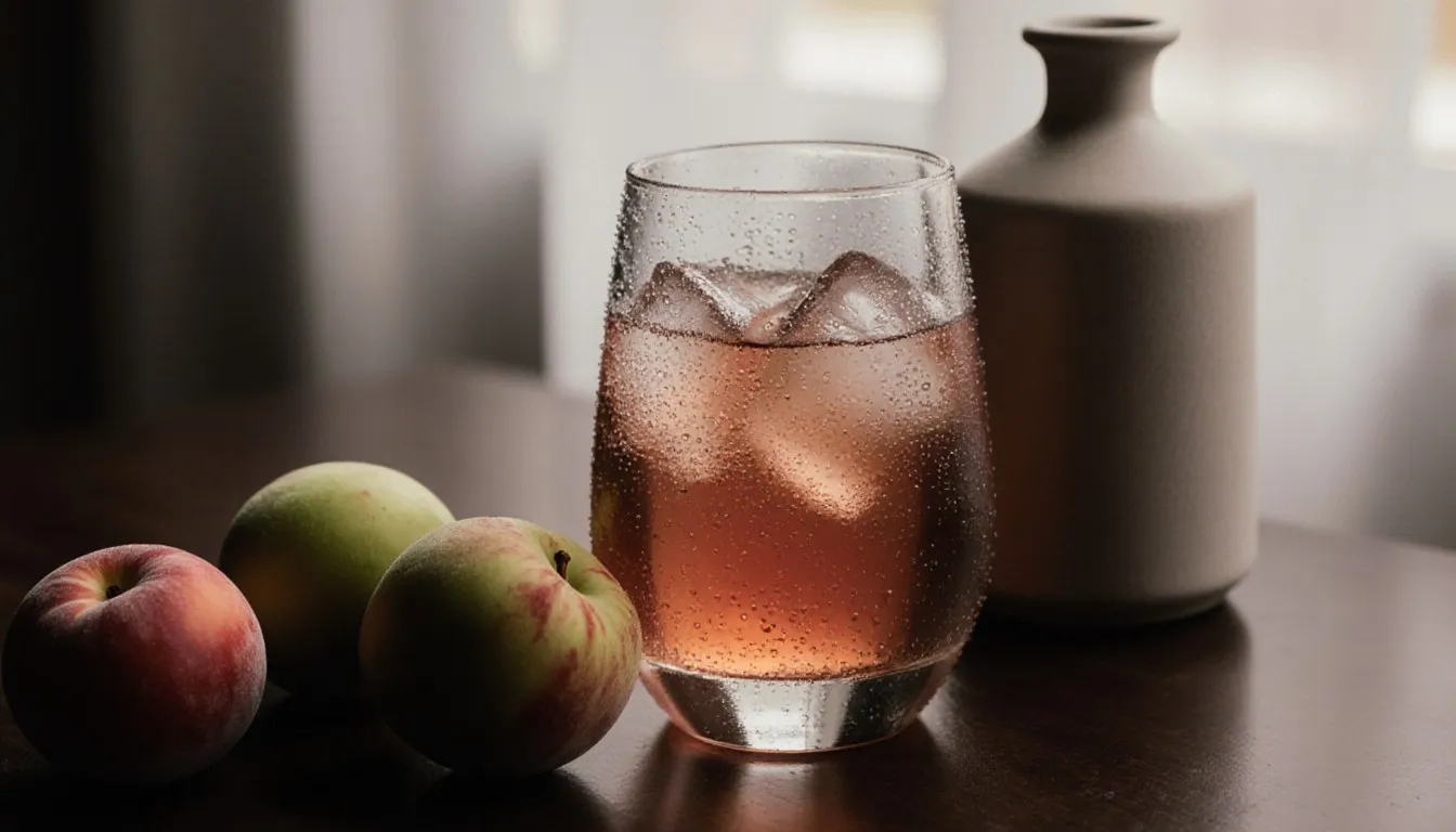 A glass of Japanese plum wine over ice beside fresh ume plums and a ceramic bottle