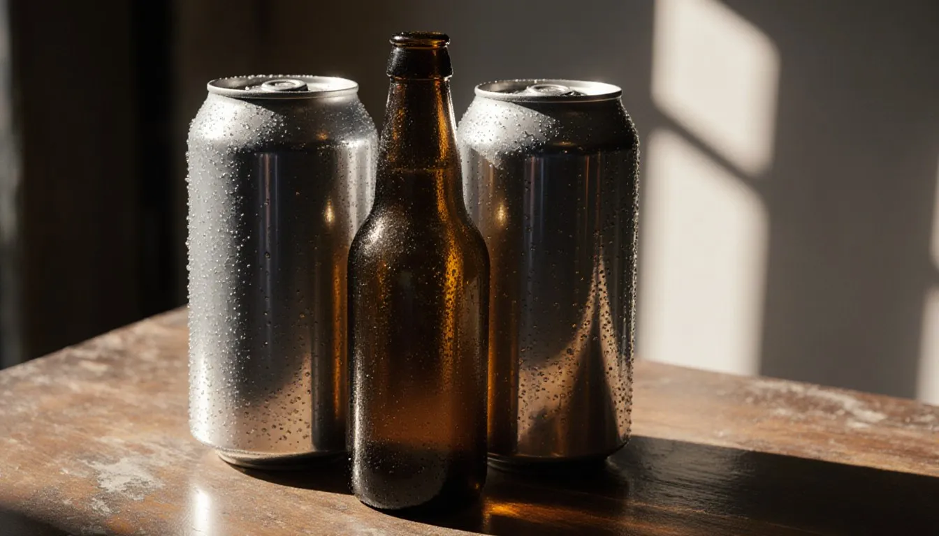 Condensation-beaded malt liquor cans and a bottle on a worn bar counter