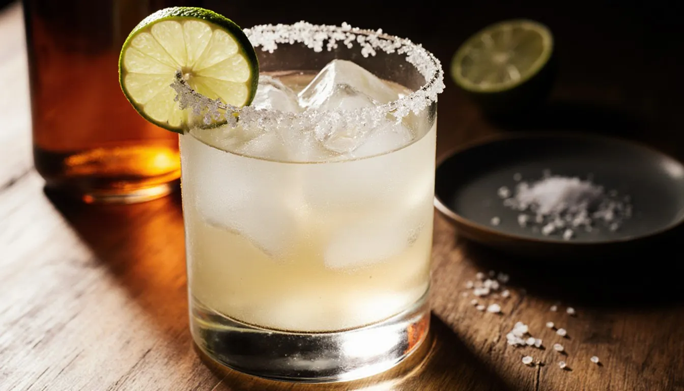 A salt-rimmed margarita on the rocks with lime wedge and fresh ice on a wooden bar