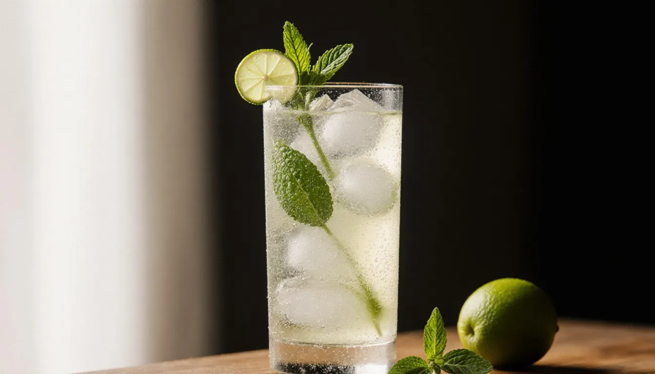A tall mojito with crushed ice, fresh mint sprigs, and a lime garnish on a wooden counter