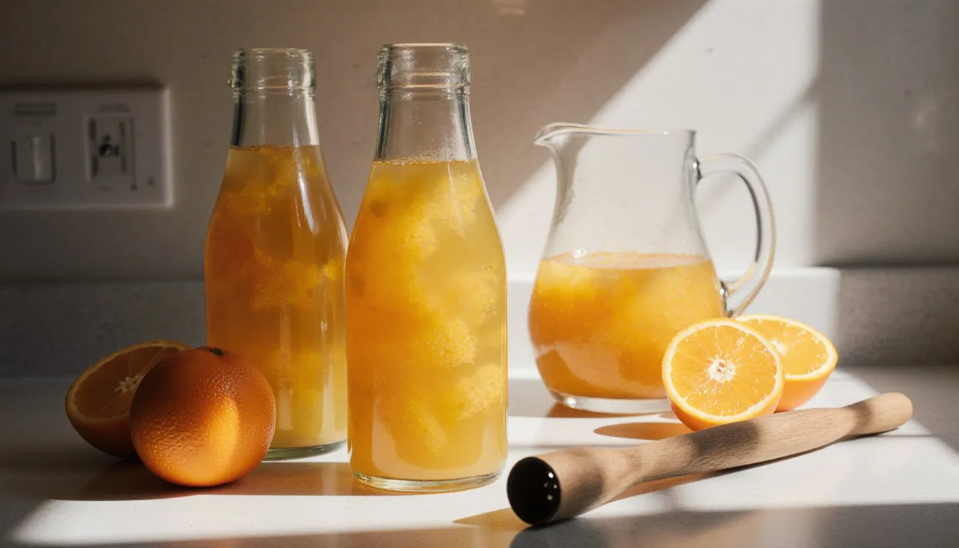 Glass bottles and a pitcher of fresh orange juice beside halved oranges on a kitchen counter