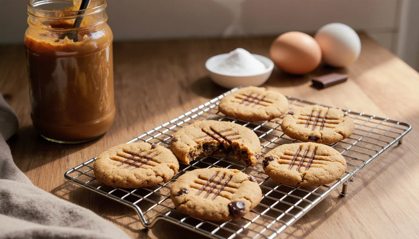 Fork-marked peanut butter cookies on a cooling rack beside a jar of peanut butter, one cookie broken open