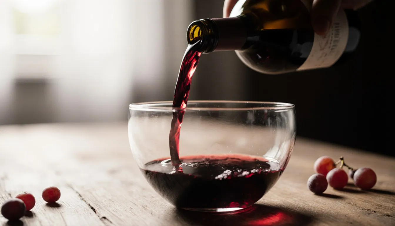 Red wine pouring into a glass beside the bottle and grapes on a wooden table