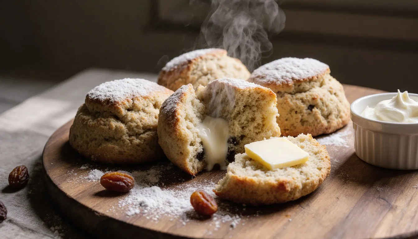 Freshly baked scones on a wooden board, one split open with melting butter and scattered raisins