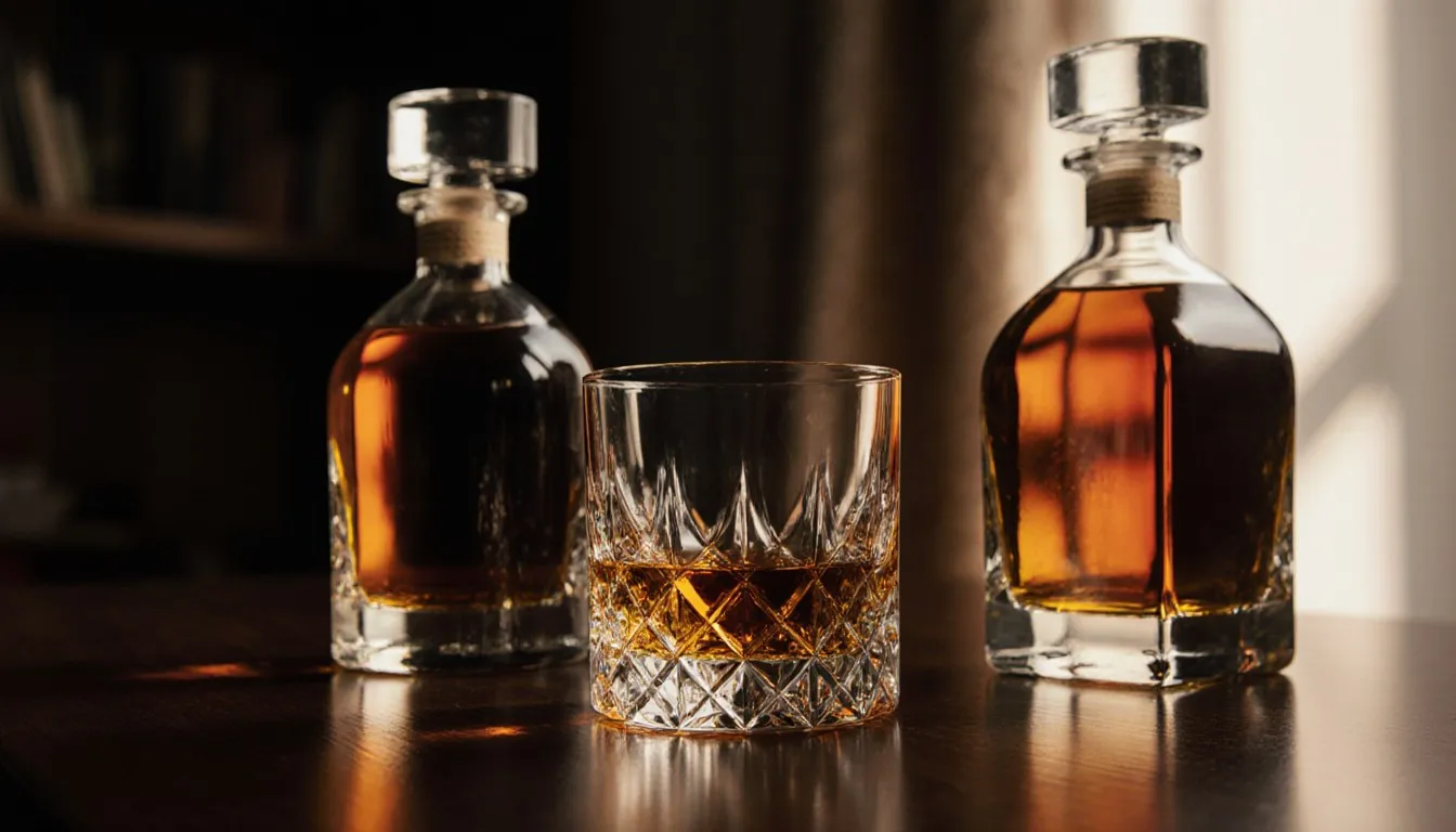 Amber bottles of scotch whisky and a crystal tumbler arranged on a dark wood surface
