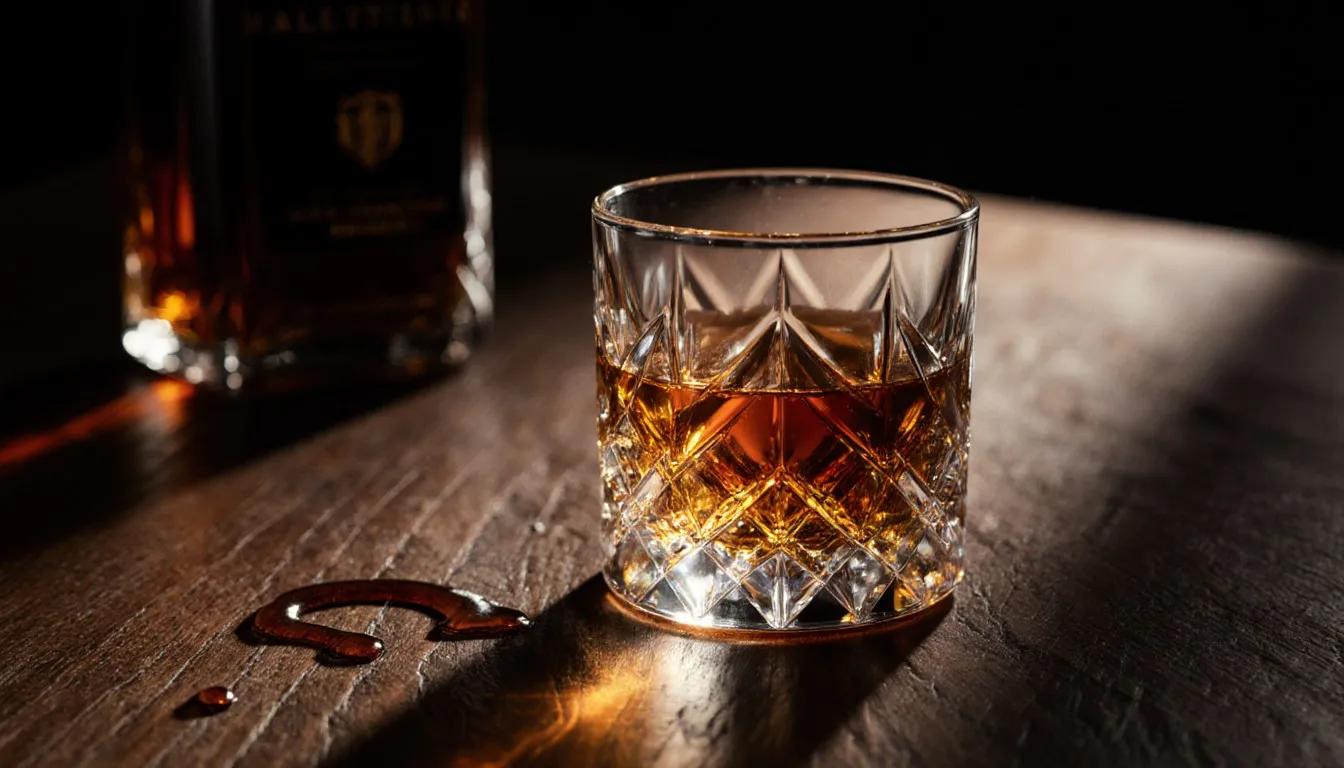 A crystal tumbler of amber Scotch whisky catching warm light on a dark wooden bar