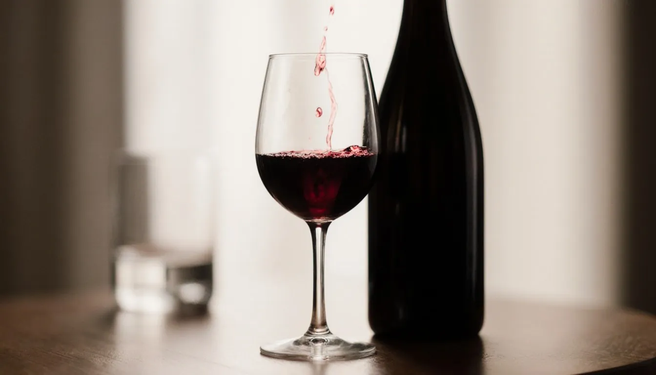 A glass of deep red wine beside an unlabeled bottle, catching soft natural light on a wooden table