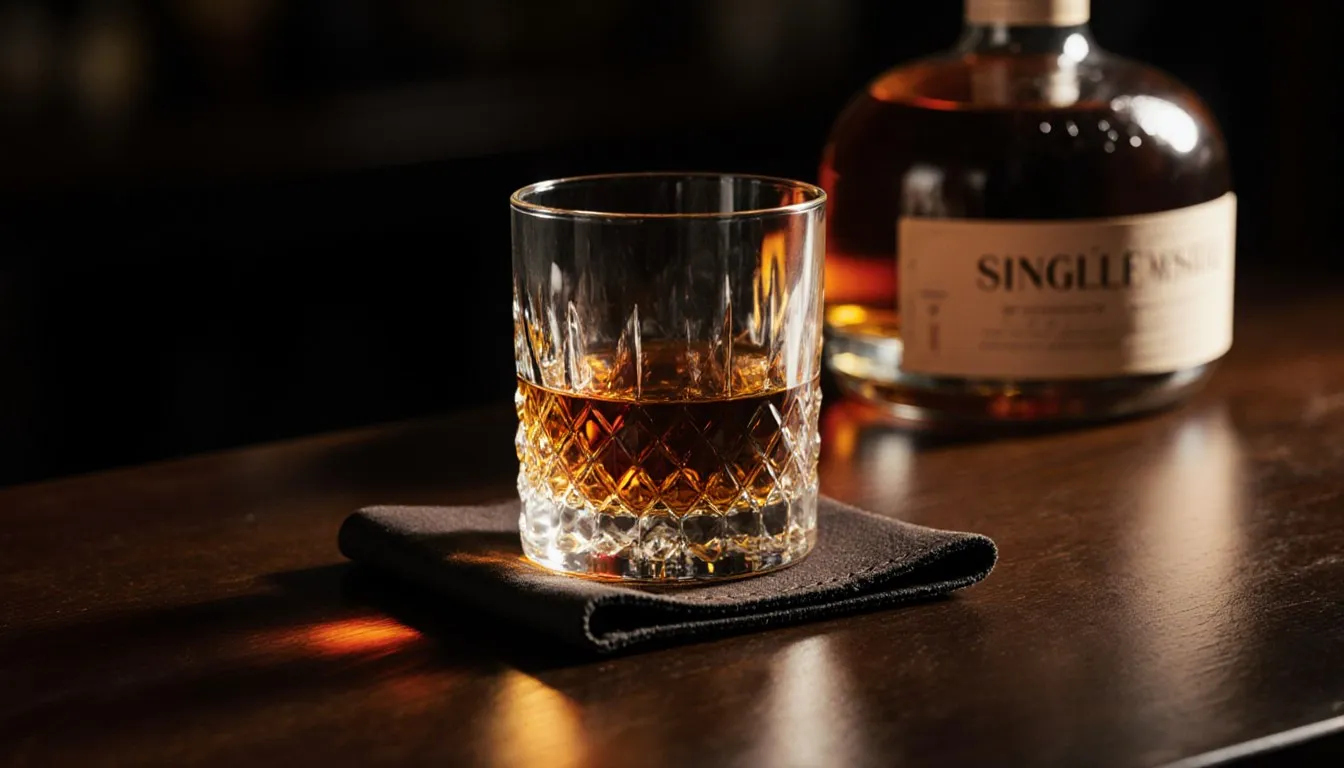 A glass of neat amber single malt scotch beside a bottle on a dark wood bar