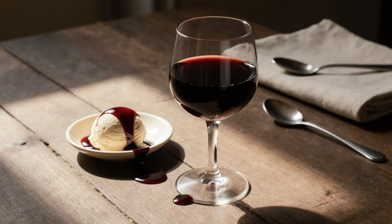 A glass of dark amber Pedro Ximénez dessert wine drizzled over a scoop of vanilla ice cream