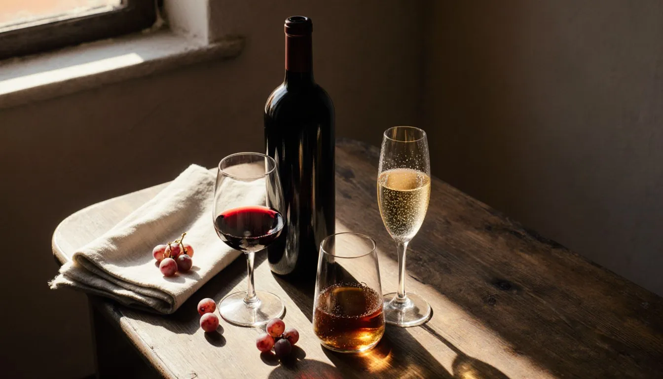 A still-life of Spanish wines: red Rioja, amber sherry, and golden cava glasses on a wooden table