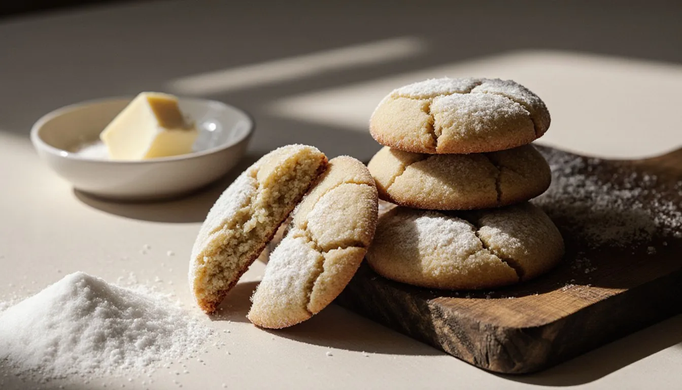 A stack of golden sugar cookies with crackled sugared tops beside butter and granulated sugar on a wooden board