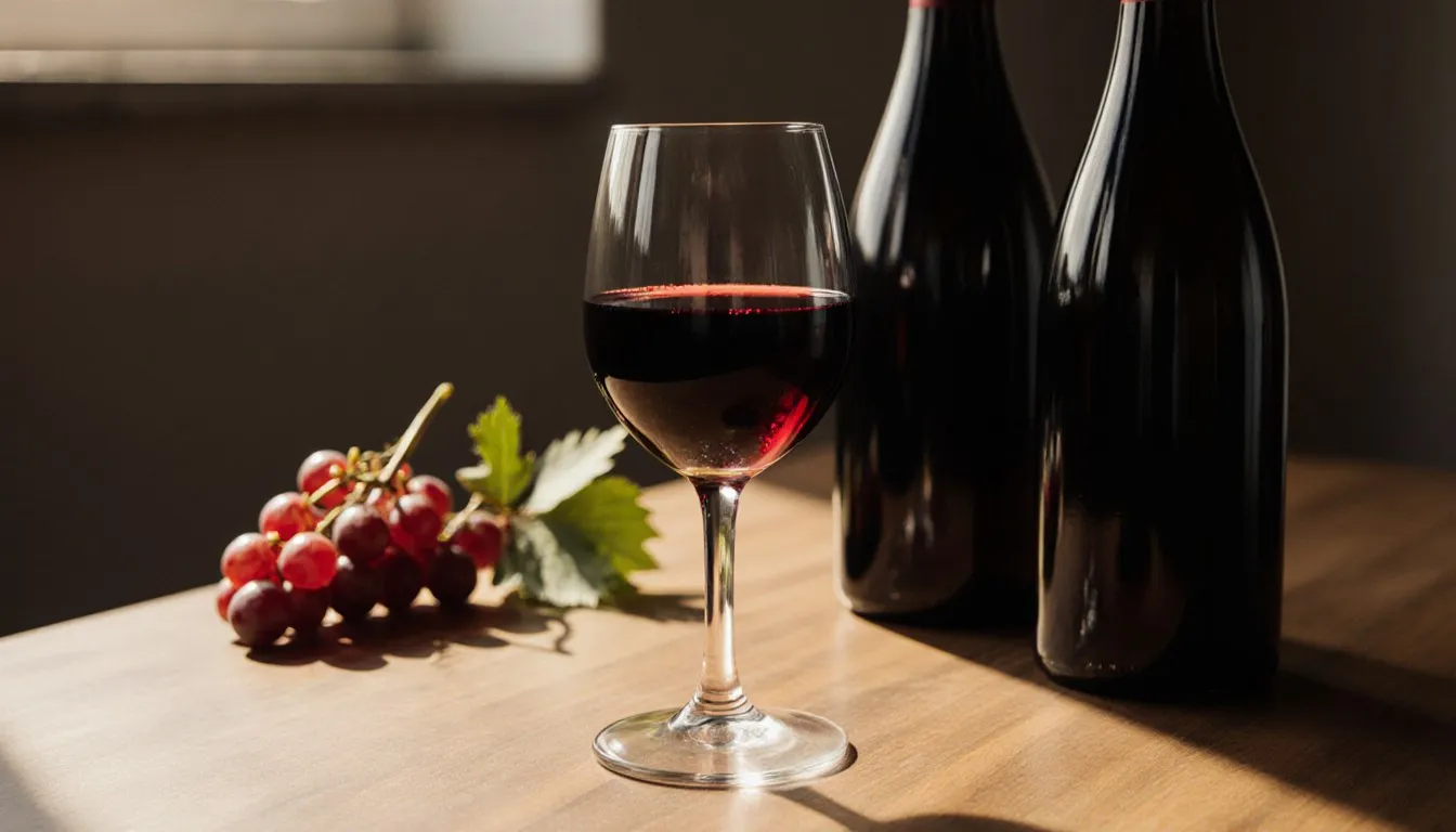 A glass of red wine beside unlabeled bottles and fresh grapes on a wooden table