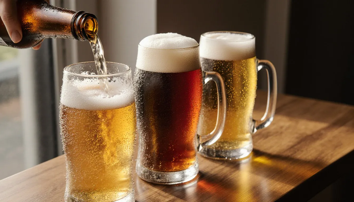 Three craft beer styles poured into glasses beside unlabeled bottles on a bar top