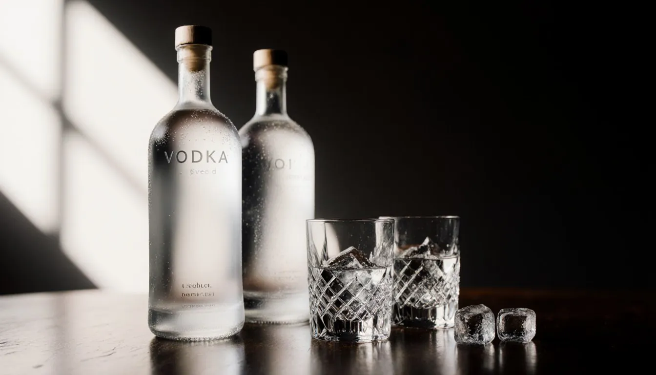 Three unlabeled premium vodka bottles beside chilled pours in crystal glasses on a dark bar
