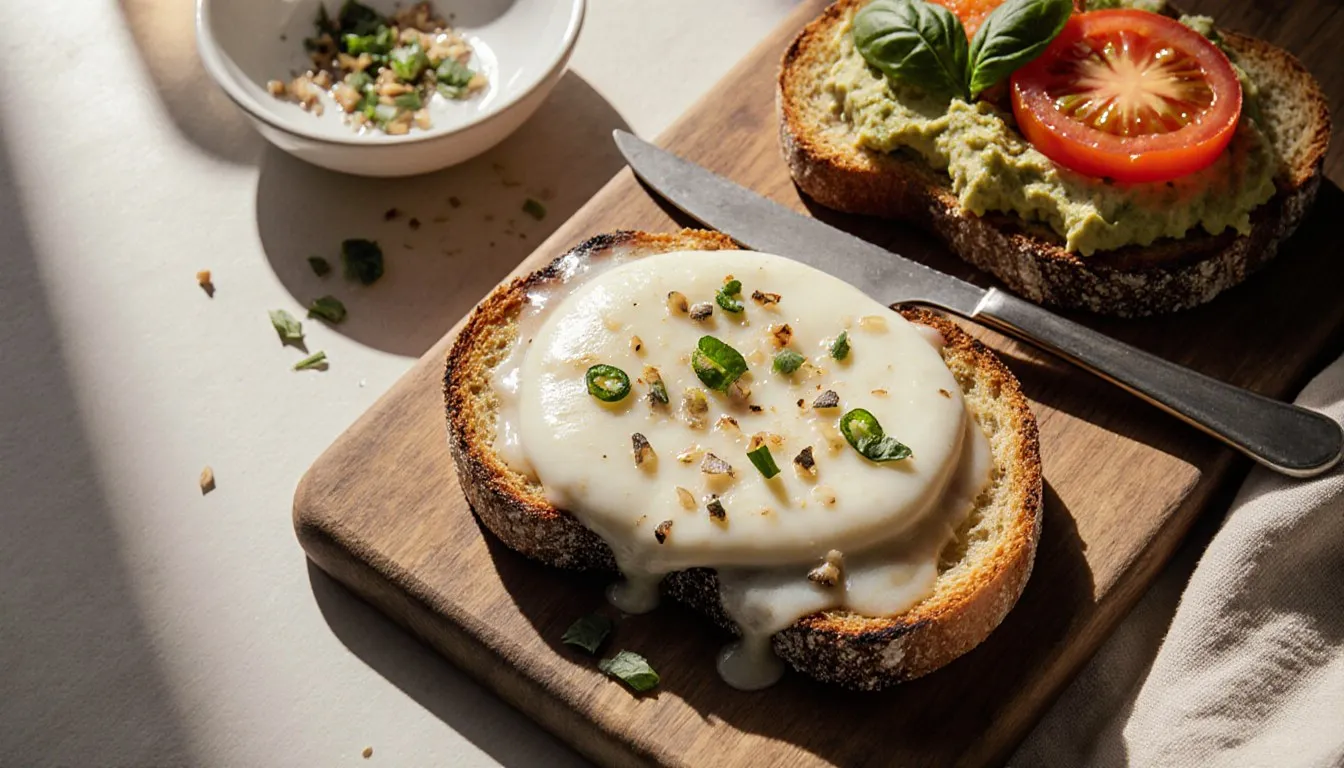 Grilled garlic chili cheese toast with melted mozzarella beside tomato-basil and avocado toast slices on a wooden board