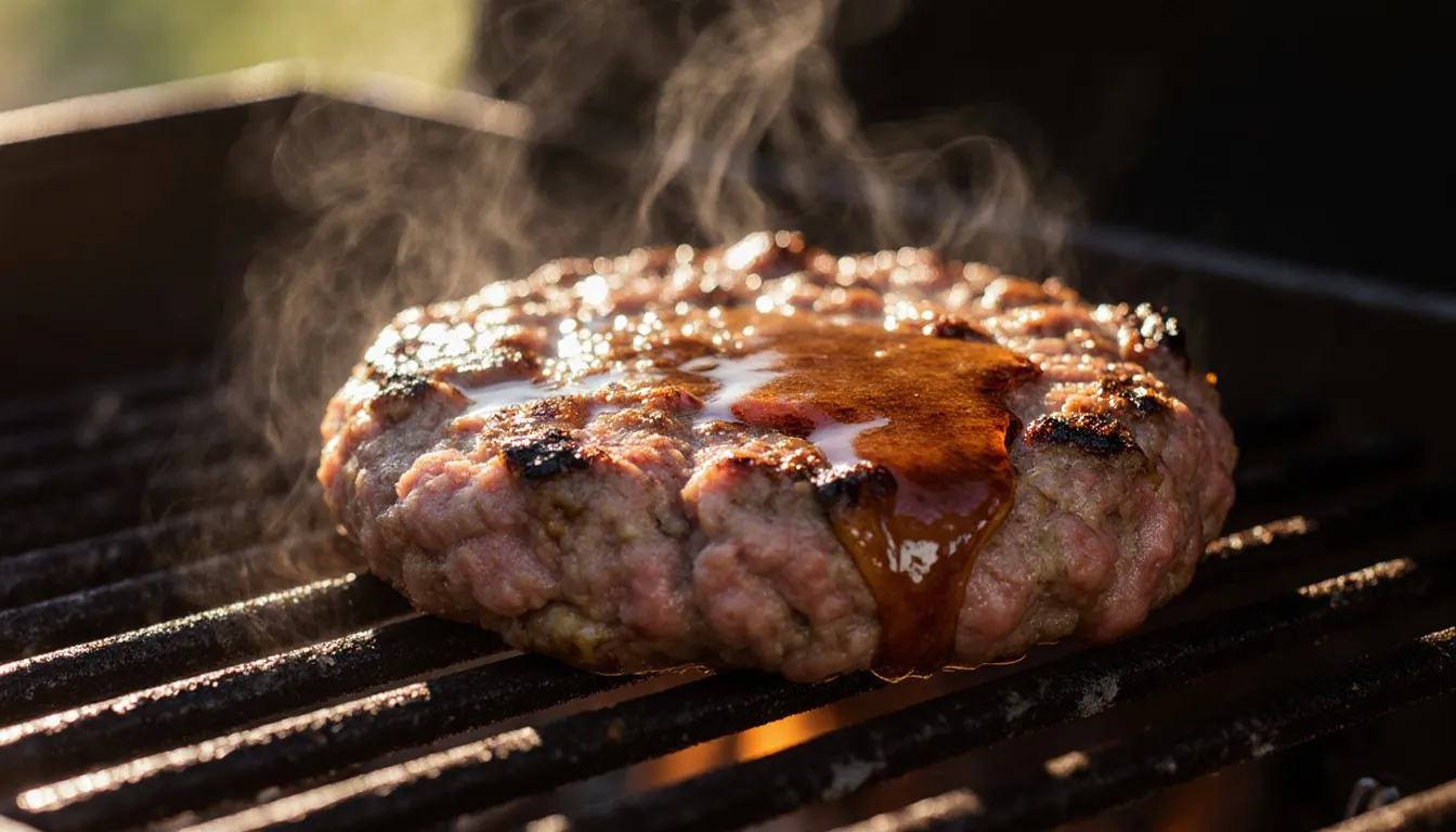 A thick beef burger patty sizzling on a hot grill, juices glistening on its seared surface