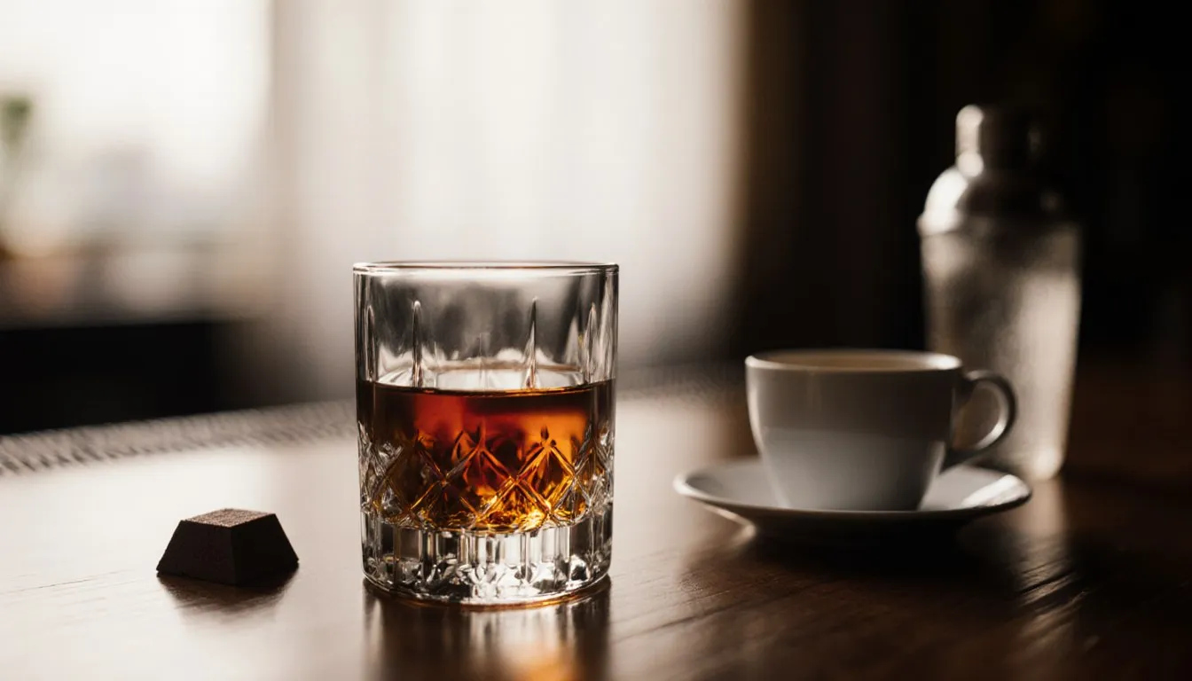 A snifter of cognac beside dark chocolate and espresso on a wooden bar counter