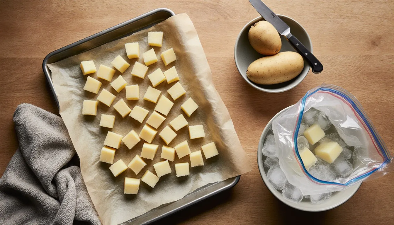 Diced raw potato cubes spread on a tray beside a bowl of ice water and a sealed freezer bag