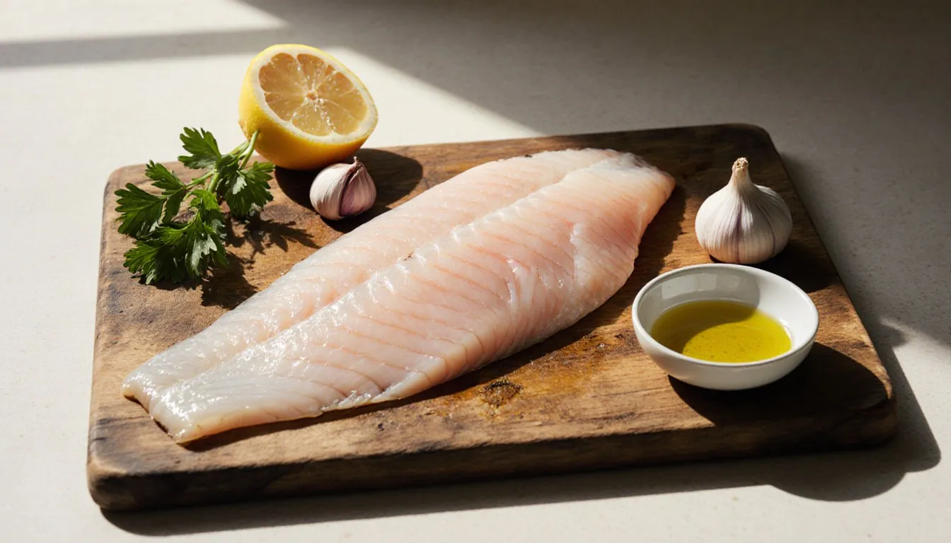 Raw tilapia fillets on a wooden board with lemon, garlic, parsley, and olive oil for a marinade