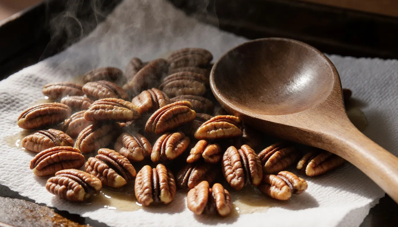 Golden toasted pecan halves cooling on paper towels after being baked in the oven
